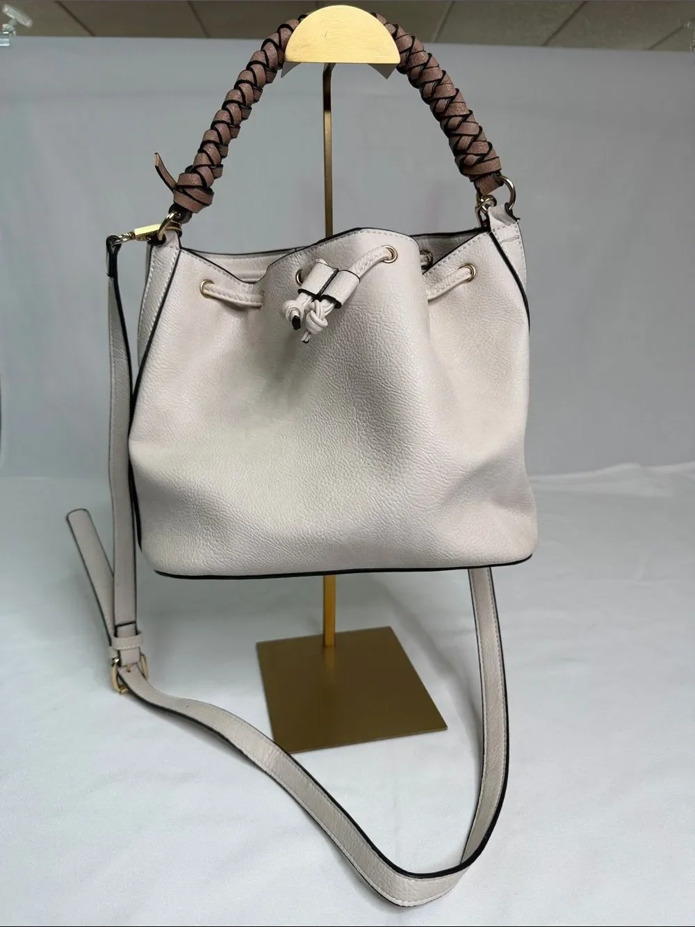 Soft Pebbled Cream Bucket Shoulder Bag with Braided Brown Handle